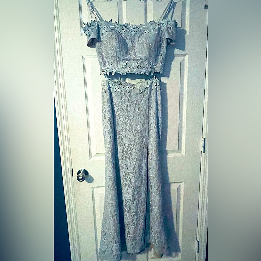 2 piece Ball Gown/ Prom Dress, “Sequin Hearts”, size 13, a bluish silver